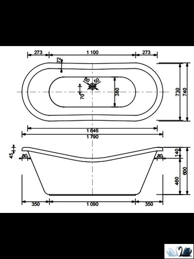 Ванна Эстет Бостон 180 x 74 см Отдельностоящая из литьевого мрамора