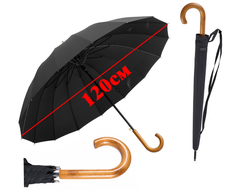 Зонт-трость полуавтомат 16 спицы с деревянной ручкой, ЧЕРНЫЙ, DINIYA (купол 120см)