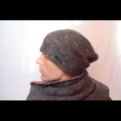 Серо - красная мужская шапка и снуд двухсторонний комплект Vizio 141