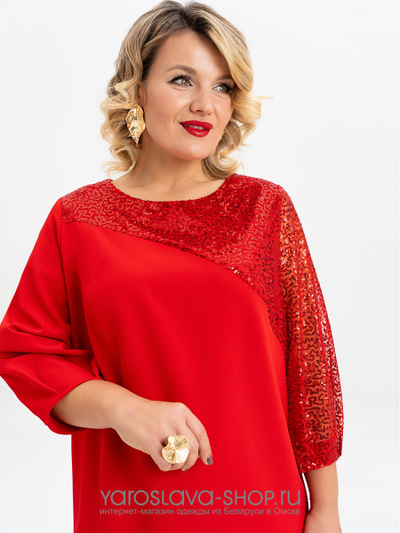 Шикарное нарядное платье с ассиметричными рукавами в красном цвете