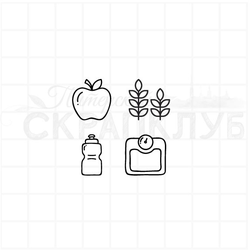 Штамп с набором  значков - яблоко, зелень, питье, весы