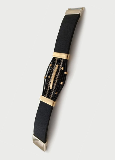 (АРТИКУЛ: 7556/61) БРАСЛЕТ ЖЕНСКИЙ, ЧЕРНАЯ КОЖА, МЕТАЛЛ "ЗОЛОТО", СТРАЗЫ,  НА МАГНИТЕ