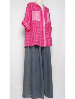 РУБАШКА ЛЁН "ОРНАМЕНТ ПАЙЕТКИ" фуксия, оранжевая, малахит до р.52