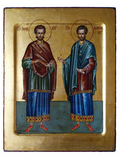 Косьма и Дамиан, Святые мученики, бессеребренники. Рукописная икона "под старину".