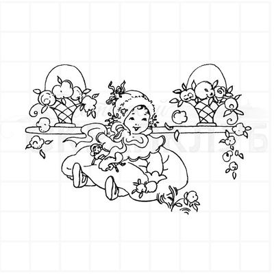 Щтамп девочка в чепце и вазами цветов