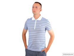 Стильное мужское поло премиум класса. Голубое в полоску с белым воротничком. Молния, короткий рукав