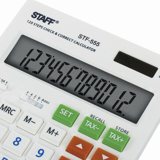 Калькулятор настольный STAFF STF-555-WHITE (205х154 мм), CORRECT, TAX, 12 разрядов, двойное питание, 250305