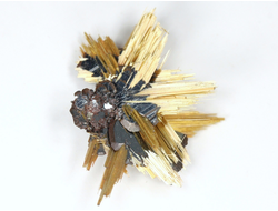 Редкость! Рутил свободного роста, сростки "звезды" золотистых игольчатых кристаллов на кристаллах гематита, Бразилия (22*18*6 мм, 1,25 г) №37913