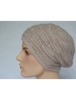 Женский берет вязаный полосами Vizio Италия 6938 кремовый с розовым фото