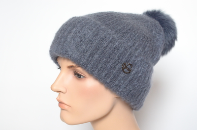 Шапка вязаная с отворотом и помпоном Vizio Италия 6946 CRYO темно - серая