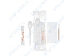 Комплект №4 ЭКОНОМ (чайная ложка белая, сахар, зубочистка, салфетка белая)