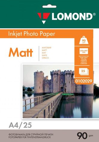 Односторонняя Матовая фотобумага Lomond для струйной печати, A4, 90 г/м2, 25 листов.