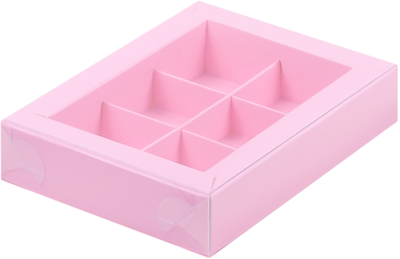 Коробка на 6 конф прозр. кр. (розовая), 155*115*30мм