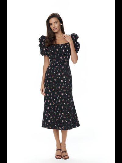 Платье миди с квадратным вырезом (черный в цветочный принт)