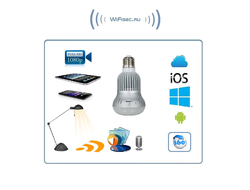 Панорамная WiFi видеоняня/видеокамера (лампа накаливания, цоколь Е27) с DVR с включением освещения, Full HD