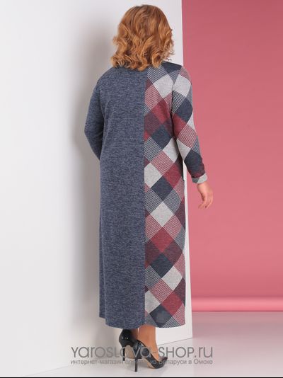 Серое платье с клетчатыми красными вставками и карманами
