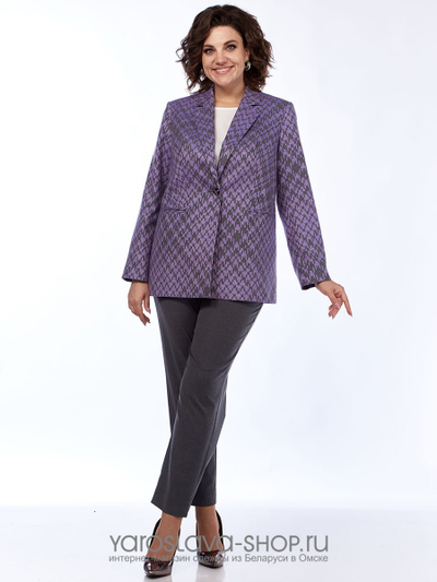 Двухпредметный брючный комплект с жакетом в клетку фиолетового цвета