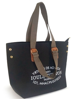 (АРТИКУЛ: 9924/1/1) СУМКА БОЛЬШАЯ, ТЕКСТИЛЬ, ЧЕРНАЯ С БЕЛЫМИ БУКВАМИ, КОРИЧНЕВЫЕ РУЧКИ ЧЕРЕЗ ПЛЕЧО