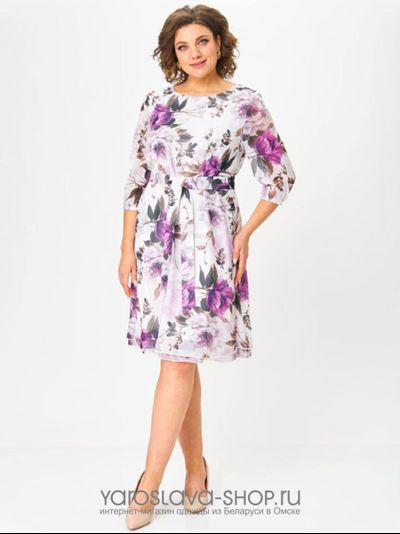 Модель: 1-021.Шифоновое платье А-силуэта с цветочным принтом на белом фоне