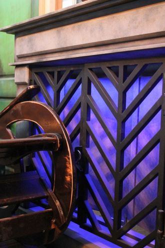 Big fireplace with metal cage