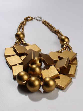 Колье из дерева "ШАРЫ И РОМБЫ" золотое