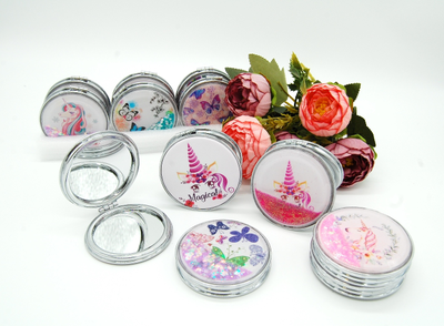 Зеркальце карманное двойное с блестками (ТИП: Бабочки, Единорог)