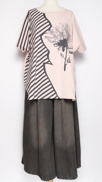 Футболка "ПОЛОСЫ И ЦВЕТОК" розовая до р.56