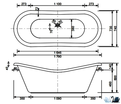 Ванна Эстет Бостон 180 x 74 см Отдельностоящая из литьевого мрамора