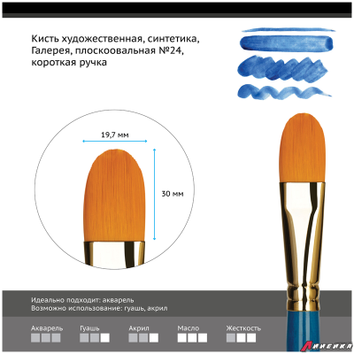 Кисть художественная синтетика Гамма "Галерея", плоскоовальная №24, короткая ручка. 303024