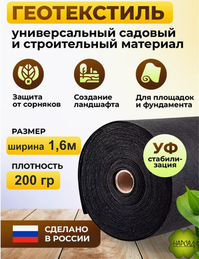 СУПЕР-ПРОЧНЫЙ ГЕОТЕКСТИЛЬ черный (ТОЛЩИНА - 200, ШИРИНА - 1,6 м) Цена за 1 п/м