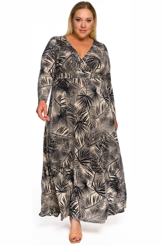 Платье длинное из трикотажа, лиф с запАхом 2220514 принт тропический