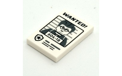 Tile 2 x 3 with Black  WANTED!  and Dark Bluish Gray Minifigure with  604-18  Pattern, White (26603pb395 6465458)