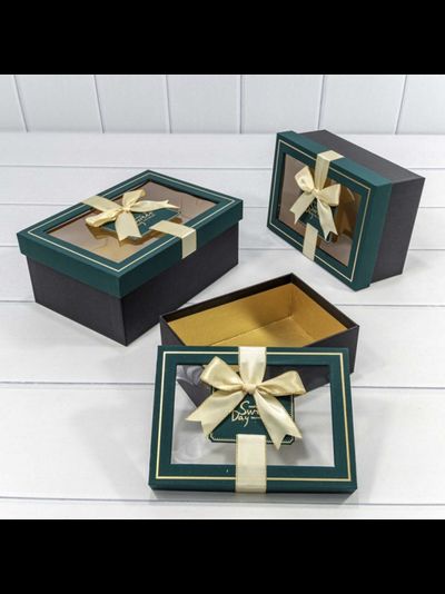 Коробка подарочная прям. с бантом и окном (зеленая/черная), 20*14*8 см