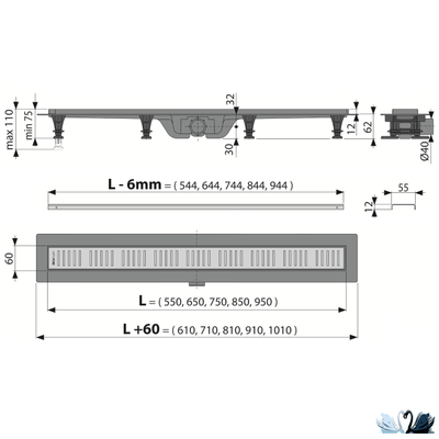 Лоток для душа Alcadrain APZ10-950 Simple желоб в комплекте с решеткой