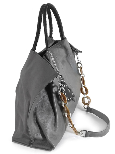 (АРТИКУЛ: 9617/2) СУМКА ЖЕНСКАЯ БОЛЬШАЯ, НАТУРАЛЬНАЯ КОЖА, СEРАЯ С ЧЕРНЫМИ РУЧКАМИ, ПЛЕЧЕВОЙ РЕМЕНЬ С ЦЕПОЧКОЙ