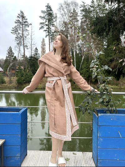 Халат для бани «Легкий пар» из вафельного льна, кирпичный