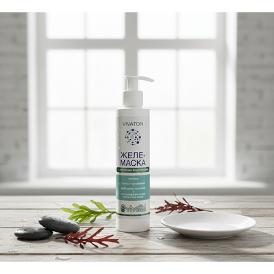 Белая баночка желе-маски «Виватон» с морскими водорослями 200 мл на чистом светлом фоне, профессиона