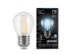 Лампа светодиодная Gauss Filament Шар G45 E27 7W(580lm) 4100K 4K прозр. 80x45 филамент (нитевидная), 105802207