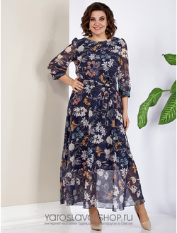 Модель: 2464.Элегантное шифоновое платье в синем цвете с цветочным принтом