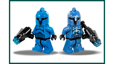 Все Солдаты Особого Отряда СЕНАТА  из Набор LEGO # 75088 вооружены одинаковыми укороченными Мини–Бластерами (с механической функцией стрельбы). А у Командира этого Спецподразделения тот же Бластер, но с приставным прикладом.