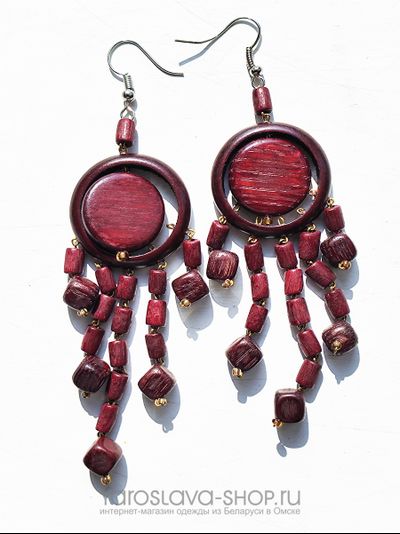 М-117. Серьги деревянные кольцо диск вишня кубики.