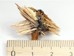 Редкость! Рутил свободного роста, сростки "звезды" золотистых игольчатых кристаллов на кристаллах гематита, Бразилия (29*16*16 мм, 2,3 г) №37919