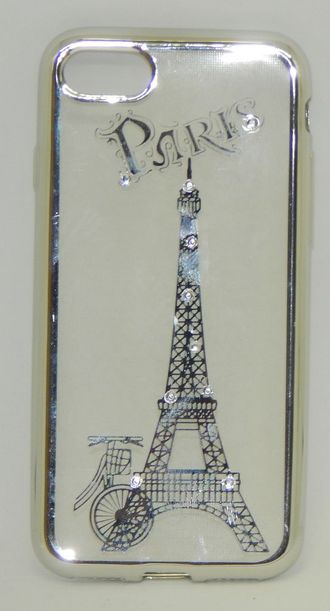 Защитная крышка силиконовая iPhone 7 &#039;Париж&#039; со стразами серебристая