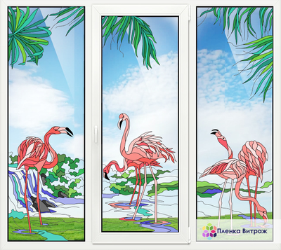 витраж с фламинго,пленка с тропическими листьями,витражная пленка самоклеющаяся с рисунком под заказ
