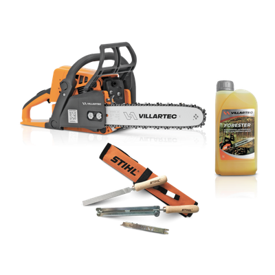 Бензопила Villartec SB 025 Legend 16" + Адгезионное масло FORESTER 1л + Набор заточной Stihl