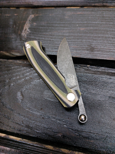 Фрикционный складной нож Микрос сталь К110 BlackWash, рукоять G10, цвет тайга