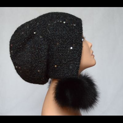 Меланжевая черная вязаная шапка ушанка с помпонами Vizio 6444 Италия