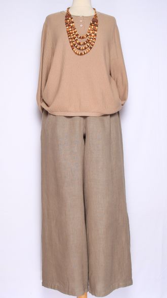 Брюки "Лён широкие с защипами на поясе" бежевые, мокко, св.бежевые, шоколад, молочные, хаки до р.48-56