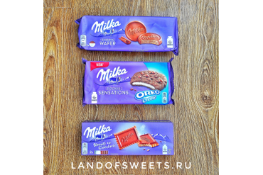 Разные виды и вкусы печенья и вафель Milka с лучших европейских заводов