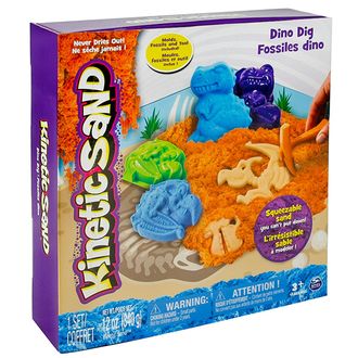 Кинетический песок Kinetic sand 340гр, 2 цвета, Набор с формочками и игрушками &quot;Динозавры&quot;